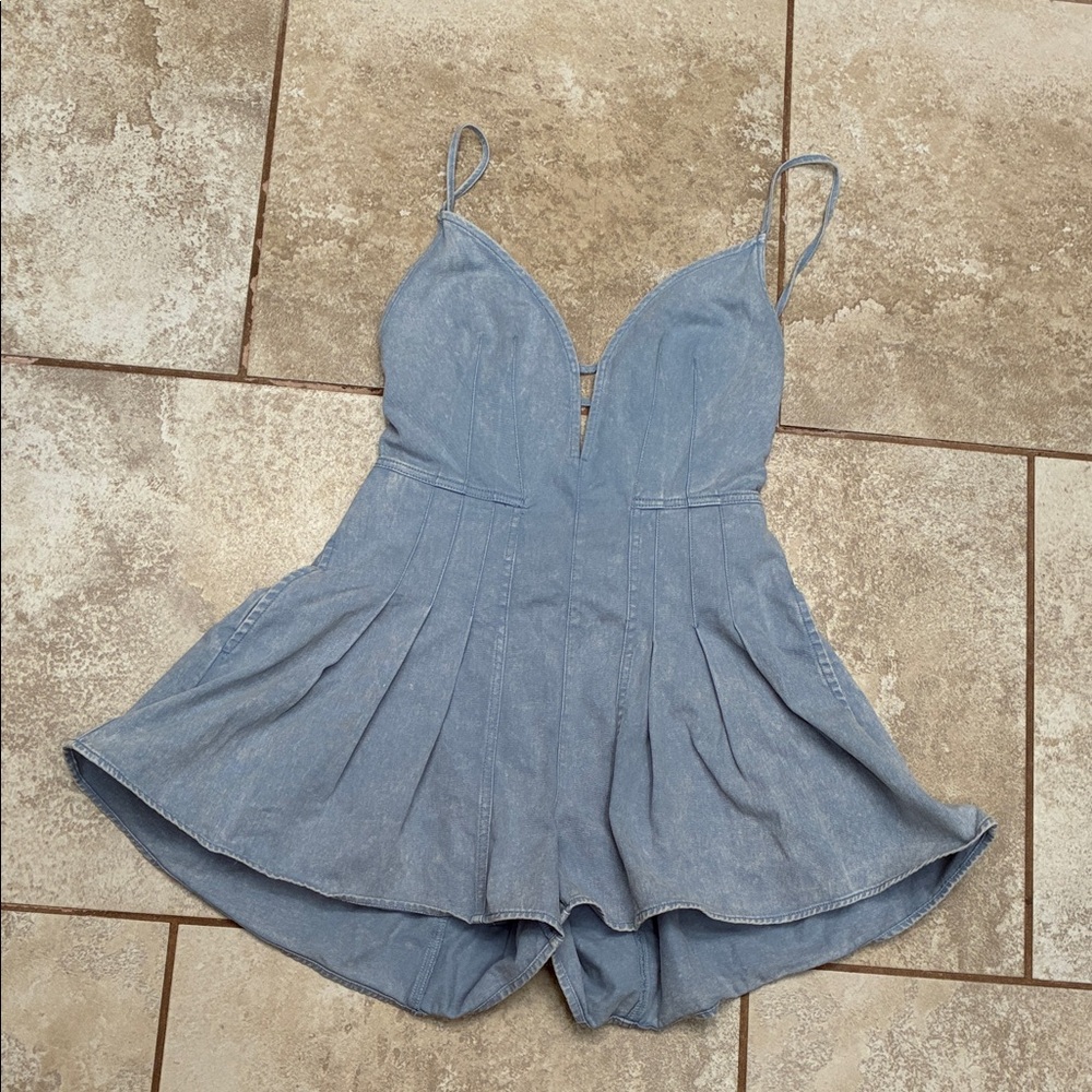 Altar'd State Light Blue Denim Pleated Romper